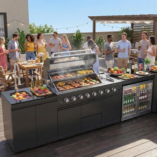 Miniatura 7 de Isla de cocina al aire libre de 153 pulgadas, combinación de parrilla de gas propano de 96000 BTU con refrigerador y fregadero, gabinete de cajón