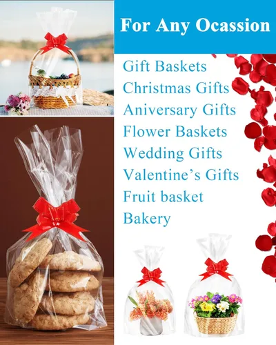 Miniatura 3 de JOYIT Paquete de 10 bolsas de regalo de celofán transparente con lazos rojos, bolsas de regalo grandes de 24 x 30 pulgadas para cestas de frutas