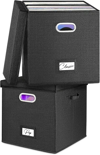 Juego de 2 cajas de almacenamiento de discos de vinilo, para más de 100 LPs individuales (12 pulgadas), caja apilable de lino con tapa, soporte para