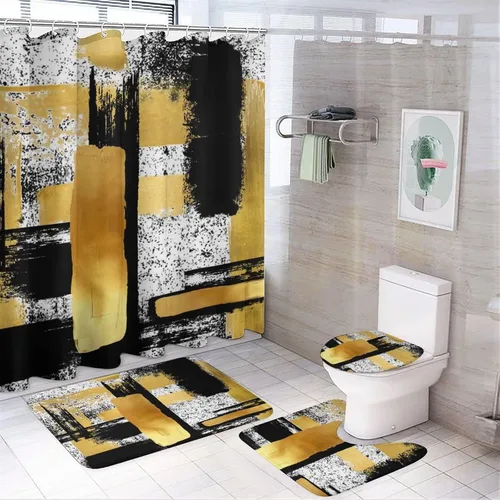 Juego de 4 cortinas de ducha de arte geométrico moderno abstracto, estilo grunge, negro, blanco, dorado, impreso, juego de decoración de baño con