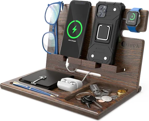 Miniatura 7 de BarvA Estación de acoplamiento de madera, organizador de mesita de noche, 2 teléfonos, soporte para llaves, tabletas, dispositivos tecnológicos