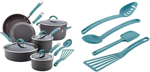 Rachael Ray Cucina - Juego de ollas y sartenes antiadherentes anodizadas duras, 12 piezas, utensilios antiadherentes de nailon gris y Cucina para