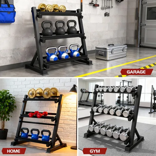 Miniatura 7 de Zlinke Estante para mancuernas de 3 niveles, organizador de almacenamiento de peso multinivel para gimnasio en casa, estante de pesas