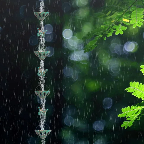 Miniatura 7 de Cadenas de lluvia de 12 pies para exteriores, cadena de lluvia de metal con decoración de mariposa, cadena recolectora de lluvia ajustable con Verde
