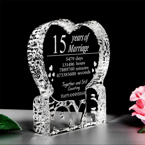 Miniatura 2 de KWOOD Cristal grabado personalizado en forma de corazón, regalo de boda de 15 aniversario para parejas, esposa, novia, marido, novio (15 aniversario)
