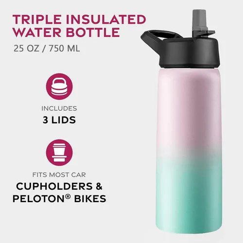 Miniatura 2 de Botellas de agua de doble pared con aislamiento y pajilla, botella de metal de acero inoxidable con 3 tapas a prueba de fugas, para viajes, escuela