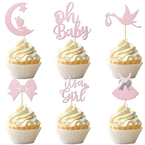 Miniatura 8 de 24 piezas de adornos para cupcakes con lazo con purpurina, vestido de luna Oh Baby para revelación de género, baby shower, fiesta de cumpleaños