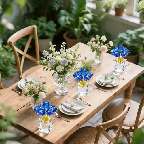 Miniatura 5 de Figura de flor de rosa de cristal con jarrón redondo, flores de cristal, flores de vidrio con tallos, figura de cristal de rosa de cristal, regalos
