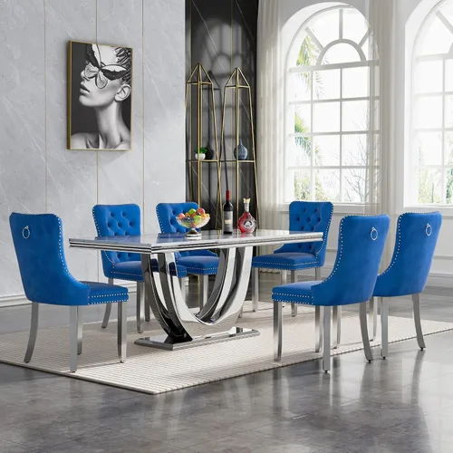 Miniatura 13 de Juego de mesa de comedor de 7 piezas con sillas, mesa de comedor de mármol sintético y sillas beige para 6, juego de mesa de comedor de oro blanco