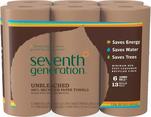 Seventh Generation Toallas de papel sin blanquear, 100% papel reciclado, 6 unidades, paquete de 4