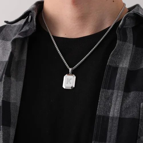 Miniatura 2 de Collar con inicial A-Z para hombres y niños, cadena con colgante de letra cuadrada de acero inoxidable para hombres, cadena de trigo de 20 + 2