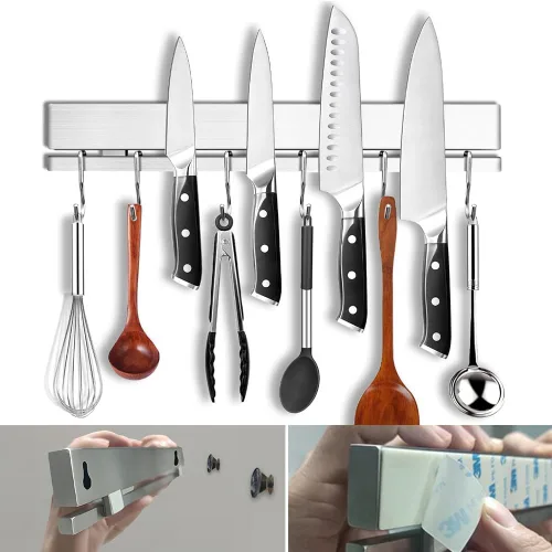 YIIYIIN - Soporte magnético para cuchillos de 30,5 cm para pared sin taladro, tira magnética adhesiva para cuchillos con 6 ganchos, soporte