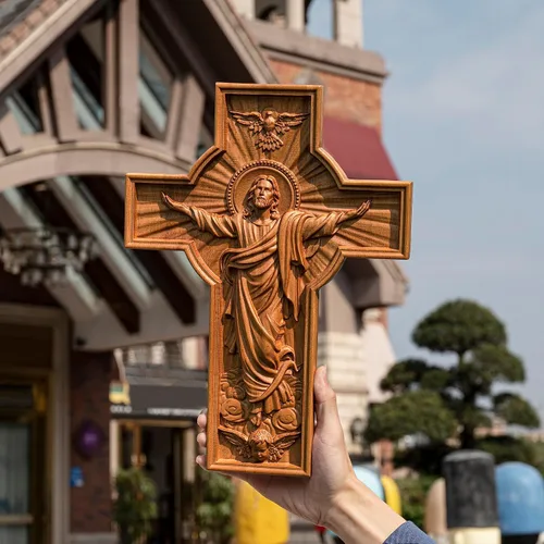 Miniatura 3 de BGCOPPER Cruz de pared de Jesús, crucifijo de madera hecha a mano para decoración de pared para el hogar, habitación navideña, regalo de Navidad