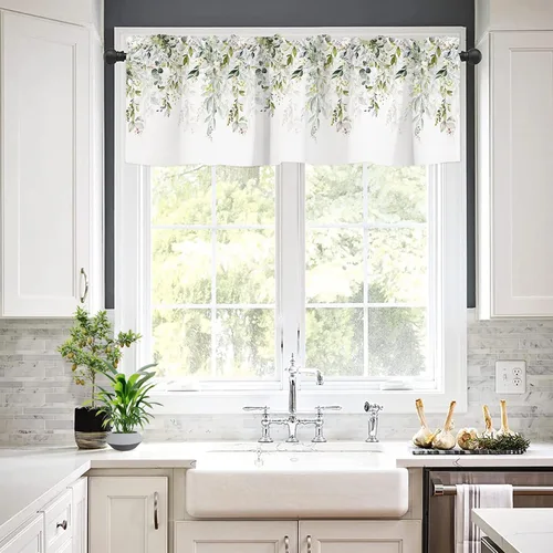 Miniatura 3 de Cortinas Cenefa Verde Salvia Floral Cocina con Bolsillo para Barra Paneles Cortos Acuarela Hojas de Eucalipto Retro Tratamiento de Ventana Cortinas