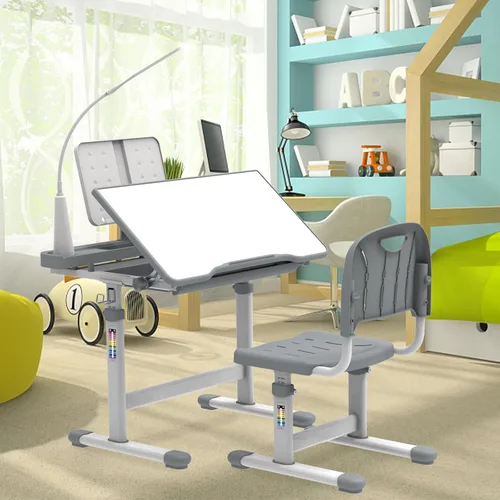 Miniatura 10 de BELANITAS Juego de escritorio y silla para niños, escritorio escolar de altura ajustable para niños, inclinable de 40 grados con 3 modos de luz