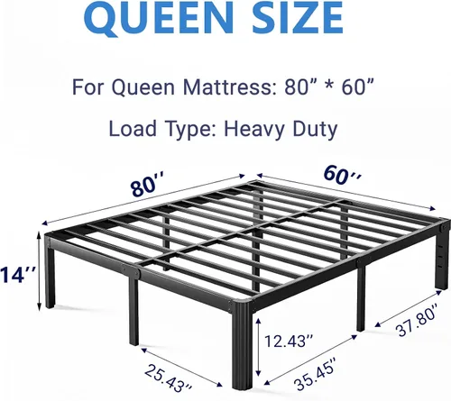 Miniatura 2 de Marco de cama Queen de plataforma de 14 pulgadas de alto, no necesita somier, marco de cama de metal tamaño Queen, sin ruido, fácil montaje