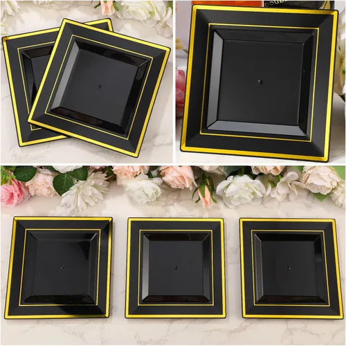 Miniatura 4 de 200 platos de plástico negro y dorado de 6.5 pulgadas, platos de postre cuadrados desechables para aperitivos, pasteles, ensalada, cubiertos