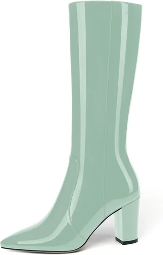 Miniatura 156 de AMBELIGHT Botas altas hasta la rodilla con cremallera y puntera puntiaguda para mujer, de patente sólida, tacón alto, 3.3 pulgadas