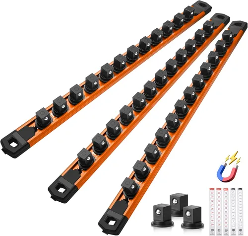 Miniatura 33 de Reniteco Juego de organizador de enchufes magnéticos, 3 piezas de 1/2 pulgada 3/8 pulgadas 1/4 pulgadas de aleación de aluminio con 40 clips Negro