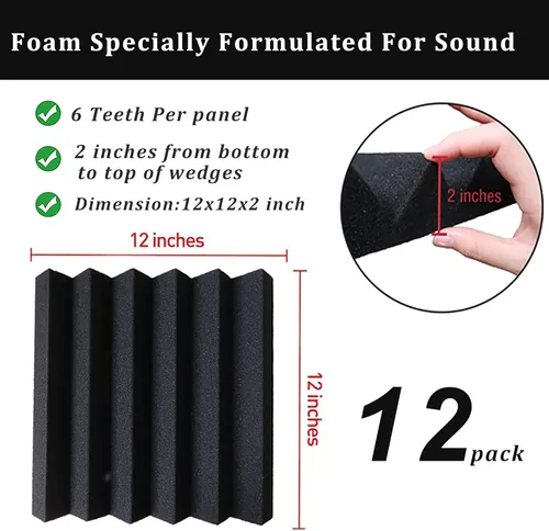Miniatura 4 de Paquete de 12 paneles acústicos, paneles de espuma a prueba de sonido de 2 x 12 x 12 pulgadas para pared, cuñas insonorizadas ignífugas, espuma Negro