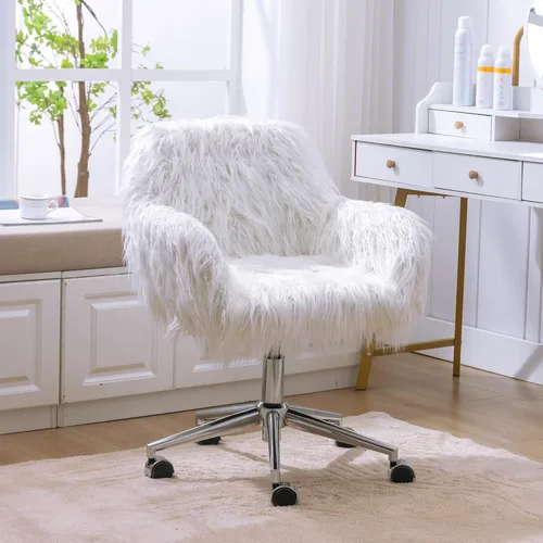 Miniatura 17 de HomVent Bonita silla de escritorio de oficina peluda, moderna silla de escritorio de piel sintética, silla de maquillaje de piel sintética