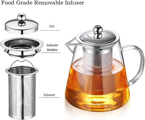 Miniatura 3 de Tetera de vidrio con infusor Tetera de 32 oz/43 oz Hervidor de té seguro para estufa Juego de tetera para té floreciente y de hojas sueltas