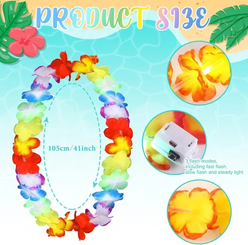 Miniatura 2 de Giegxin 12 collares con luces LED hawaianas Lei tropicales con luces LED Lei de arco iris artificial para niños y adultos, fiesta temática Hawaii