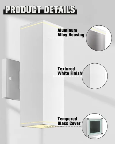 Miniatura 6 de Ken & Ricky Apliques de pared para exteriores, moderna lámpara exterior arriba y abajo, lámpara exterior cuadrada con acabado blanco lijado, 1