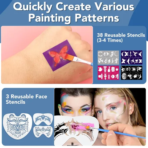 Miniatura 8 de Kit de pintura facial para fiesta de niños, kit de pintura facial de 22 colores, incluye bandeja de pintura, esponjas, pinceles y plantillas, kit