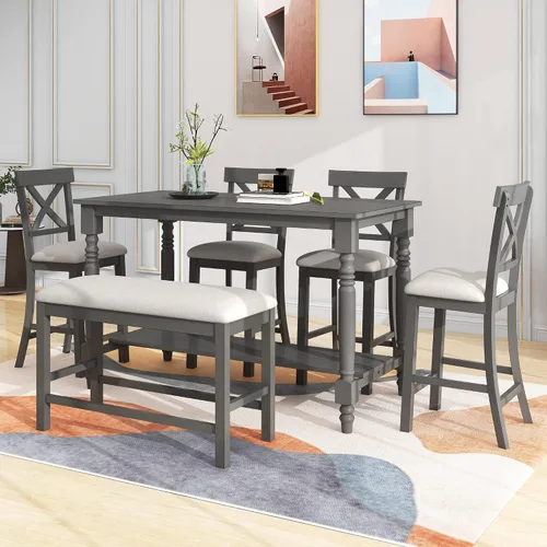 Miniatura 17 de KLMM Elegante y clásico juego de mesa de comedor de madera de 6 piezas con 4 sillas y otomana, adecuado para cocina y comedor