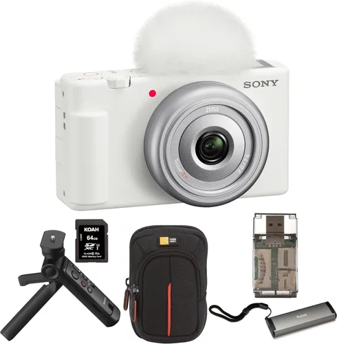 Sony ZV-1F - Cámara de vlog para creadores de contenido y vloggers (blanco) paquete con kit de accesorios, estuche (negro), paquete de batería con