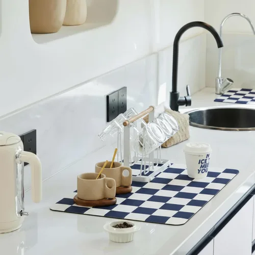 Miniatura 18 de Ohocut Tapete de secado de platos a cuadros para encimera de cocina, accesorios de estación de cafetería, estética, retro, moderna, absorbente