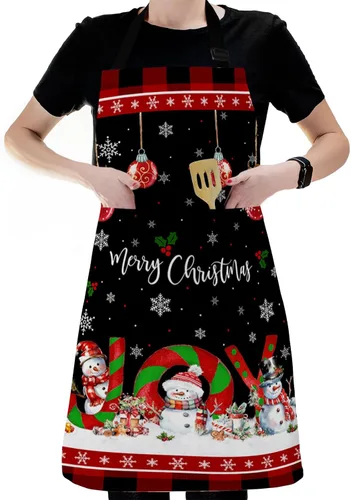 Miniatura 6 de Christmas Bib Aprons with Pockets Waterproof, Adjustable Apron for Men Women Joy Xmas Tree Snowman Winter Snowflake Red Black Plaid