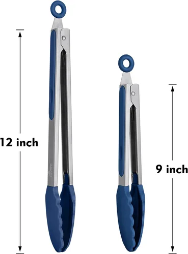Miniatura 8 de HOTEC Pinzas de cocina premium de acero inoxidable con bloqueo y puntas de silicona, juego de 2-9" y 12", azul clásico Paquete de 2: azul clásico