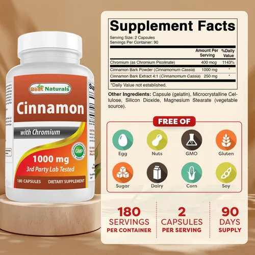 Miniatura 2 de Best Naturals Canela 2000 mg Equivalente con Cromo 400 mcg por porción - Apoyo al metabolismo - 180 Cápsulas