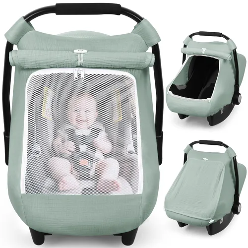 Miniatura 15 de Rquite Funda de asiento de automóvil para bebé, fundas de asiento de automóvil para niña y niño, algodón muselina transpirable, ventana de malla Rosa