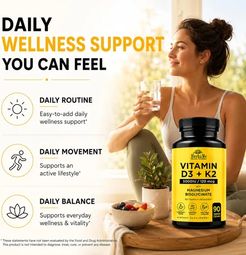 Miniatura 8 de HerbaMe Vitamina D3 5000 UI + K2 con bisglicinato de magnesio Fórmula completa de apoyo para la activación y absorción D3 Bienestar óseo