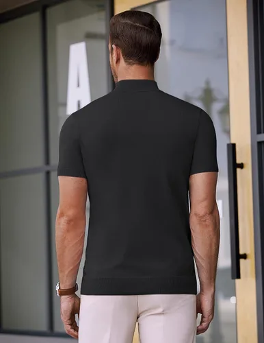Miniatura 7 de COOFANDY Suéter de cuello alto falso para hombre, de manga corta, color sólido, básico, ajustado, de punto