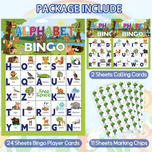 Miniatura 3 de Juego de bingo de animales del alfabeto, 24 jugadores, tarjetas de bingo de animales con reconocimiento de letras, tarjetas de juego de bingo