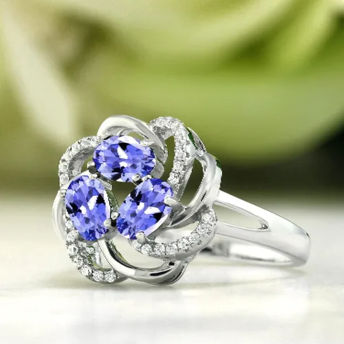 Miniatura 102 de Gem Stone King Flower Blossom Gemstone Birthstone Ring in 925 Sterling Silver 3-Stone Oval 6X4MM with Sparkling Accents Wedding Anniversary