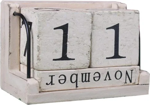 Bloques de calendario de escritorio perpetuo de madera, accesorios de mesa vintage para decoración de oficina en el hogar, color beige