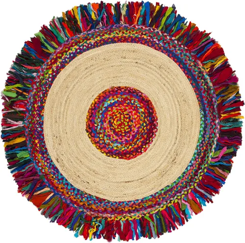 SAFAVIEH Cape Cod Collection - Alfombra redonda de 4 pies, color marfil y rojo, hecha a mano con flecos de yute y algodón, ideal para zonas de alto