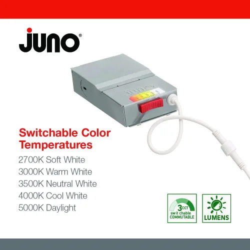 Miniatura 3 de Juno Luces LED empotrables de 4 pulgadas, luz descendente de oblea redonda 5 en 1, temperatura de color blanco conmutable, 120 voltios, borde plano