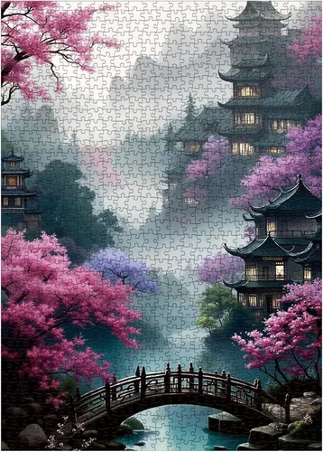 Miniatura 8 de Hermosos rompecabezas de paisaje de flores para adultos, 1000 piezas de naturaleza, bonito puente de luna floral, rompecabezas artístico, imposible