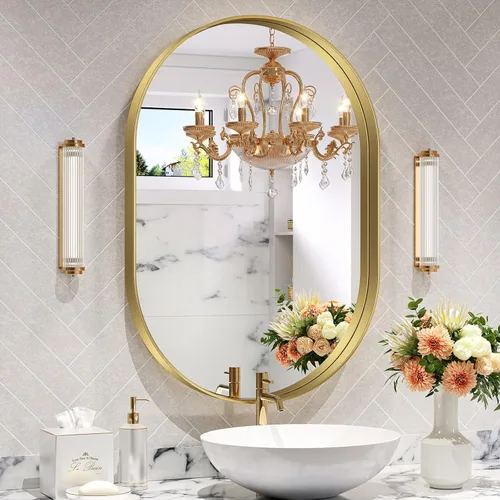 Miniatura 11 de Brightify - Espejo ovalado dorado para tocador de baño de 20x30 pulgadas, espejos de marco de metal dorado para pared, espejo moderno