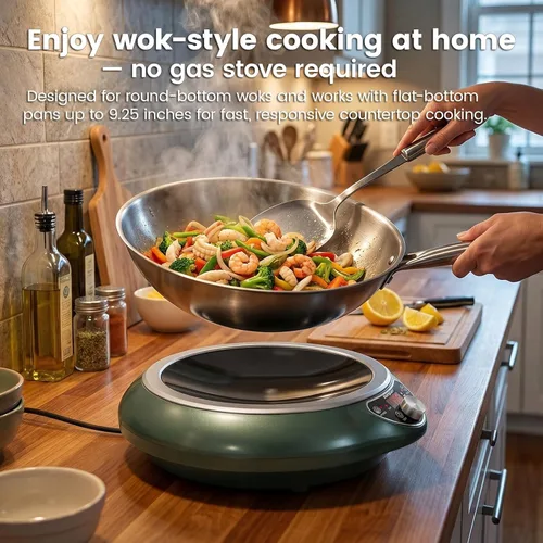 Miniatura 2 de Wok de inducción cóncava de 1700 W 120 V con wok de acero inoxidable, calentamiento continuo sin pulsos, 16 niveles de potencia, quemador portátil