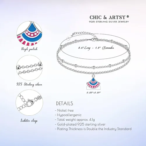 Miniatura 96 de CHIC & ARTSY Tobilleras delicadas de plata de ley S925 para verano, pulsera de tobillo ajustable multicapa para playa, joyería de pie para mujer