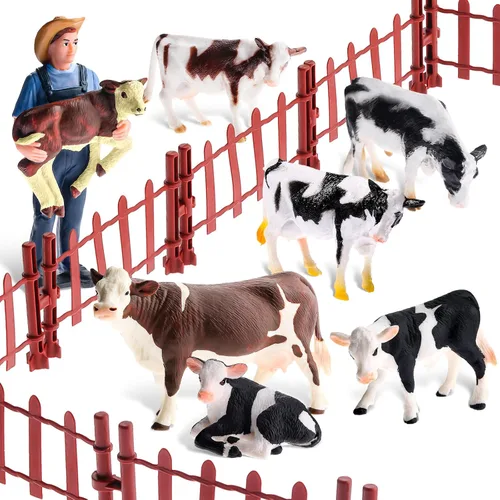 Zomiboo 17 piezas de juguetes de vaca, juguetes de valla de corral, figuras realistas de granja, animales de granero, figura de granja de vacas de