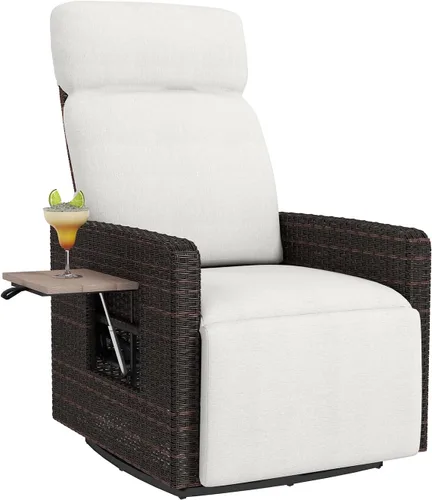 Miniatura 3 de kinbor Silla reclinable para exteriores, silla giratoria de 360° con respaldo alto para patio, con mesa auxiliar abatible, cojín extraíble y Beige-1