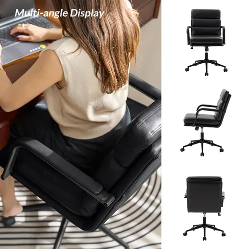 Miniatura 7 de HULALA HOME Silla moderna de piel sintética para oficina en casa con bloqueo de inclinación y base de metal, silla de escritorio con ruedas y cojín